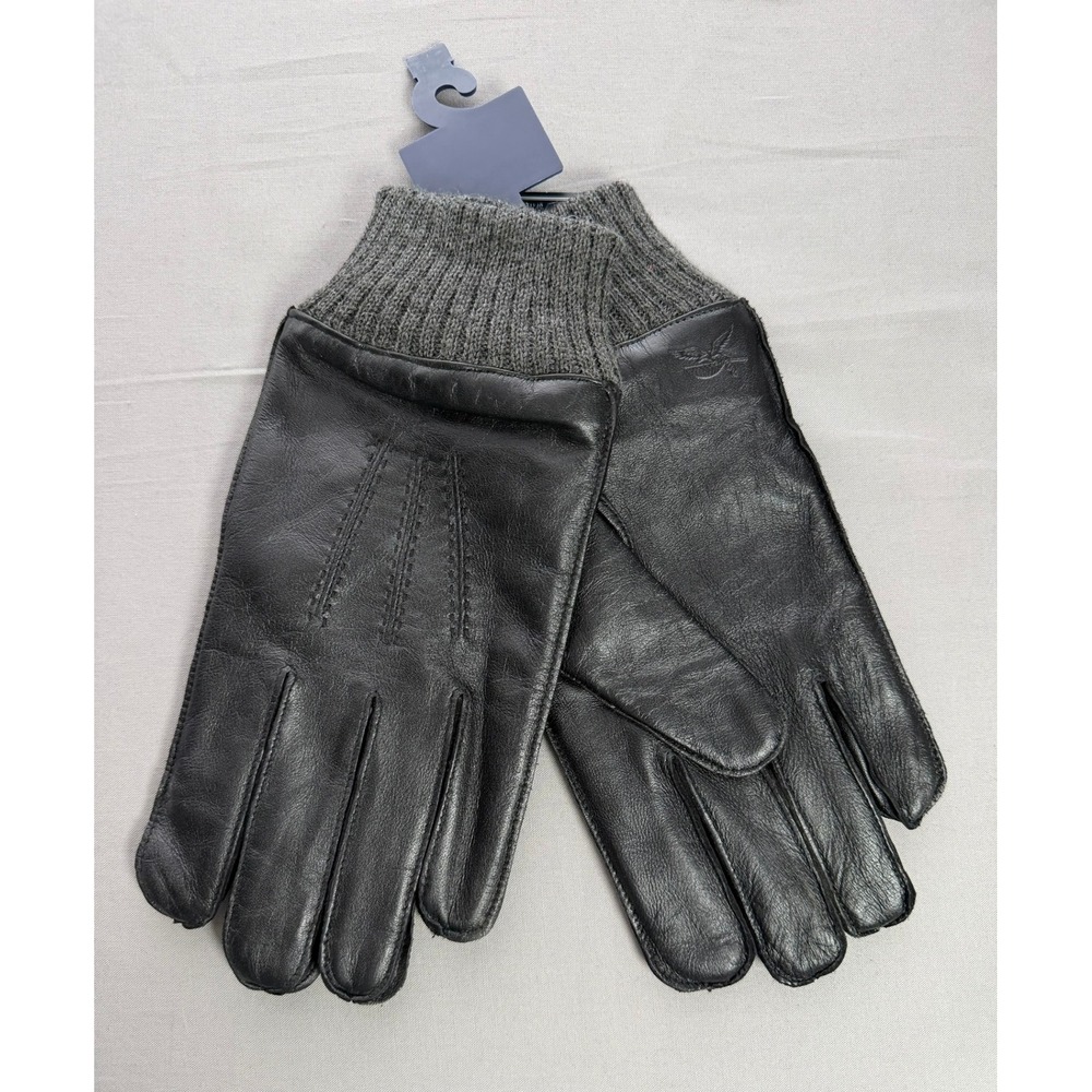 American Living Mens Black Leather Gloves Wool Blend Ribbed Cuff Size Medium NWT